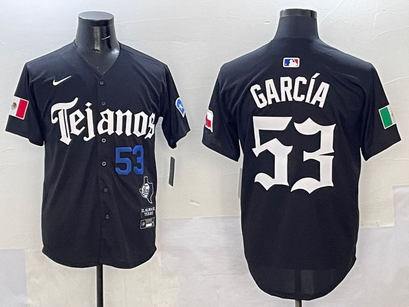 Men Texas Rangers #53 Garcia Black Five generations Joint Name 2025 Nike MLB Jersey style 2